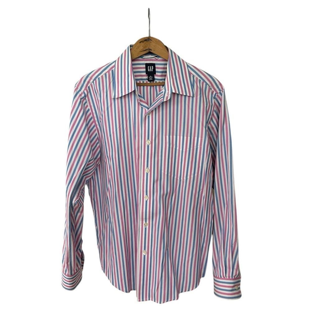 GAP | Men's White/Pink/Blue Long-Sleeve Vertical Stripe Button Down Shirt Size M